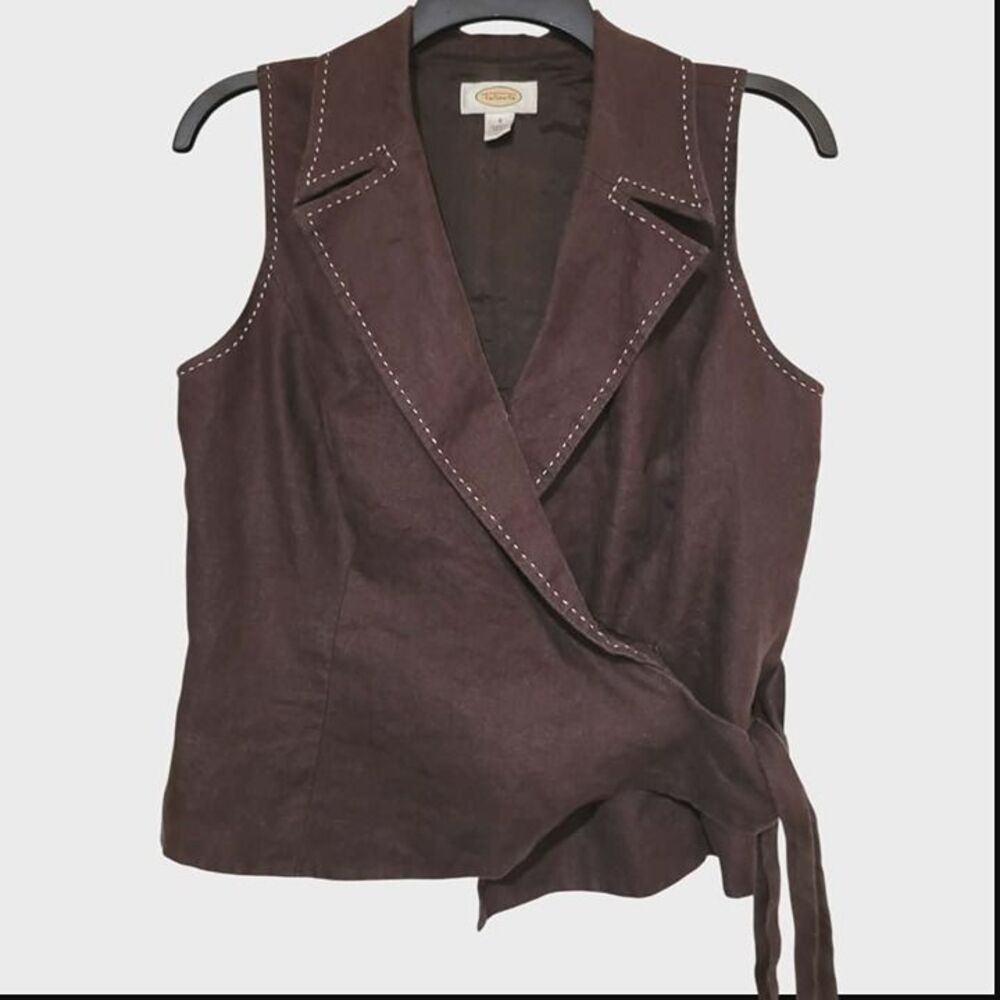 Talbots Lined Brown Linen Vest Top Womens Size 8 Sleeveless Side Tie